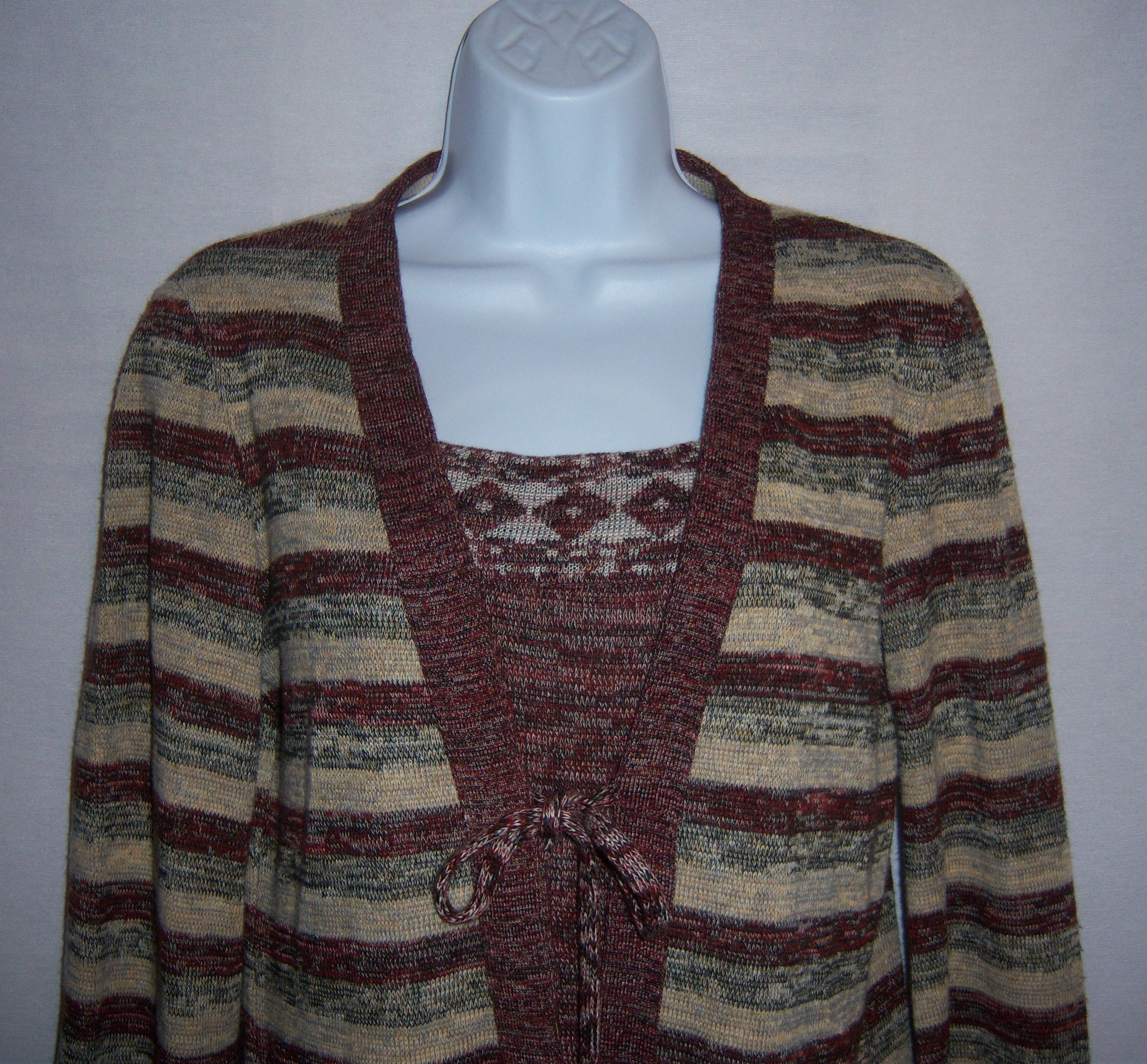 Vintage St. Gillian By Kay Unger Maroon Grey Taupe Flyaway Cardigan Sweater With Matching Skirt & Tank Set 6 8 Small 3 Piece 70's