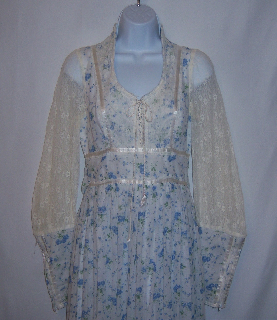 Vintage Gunne Sax by Jessica White Blue Roses Rose Print Lace Velvet ...