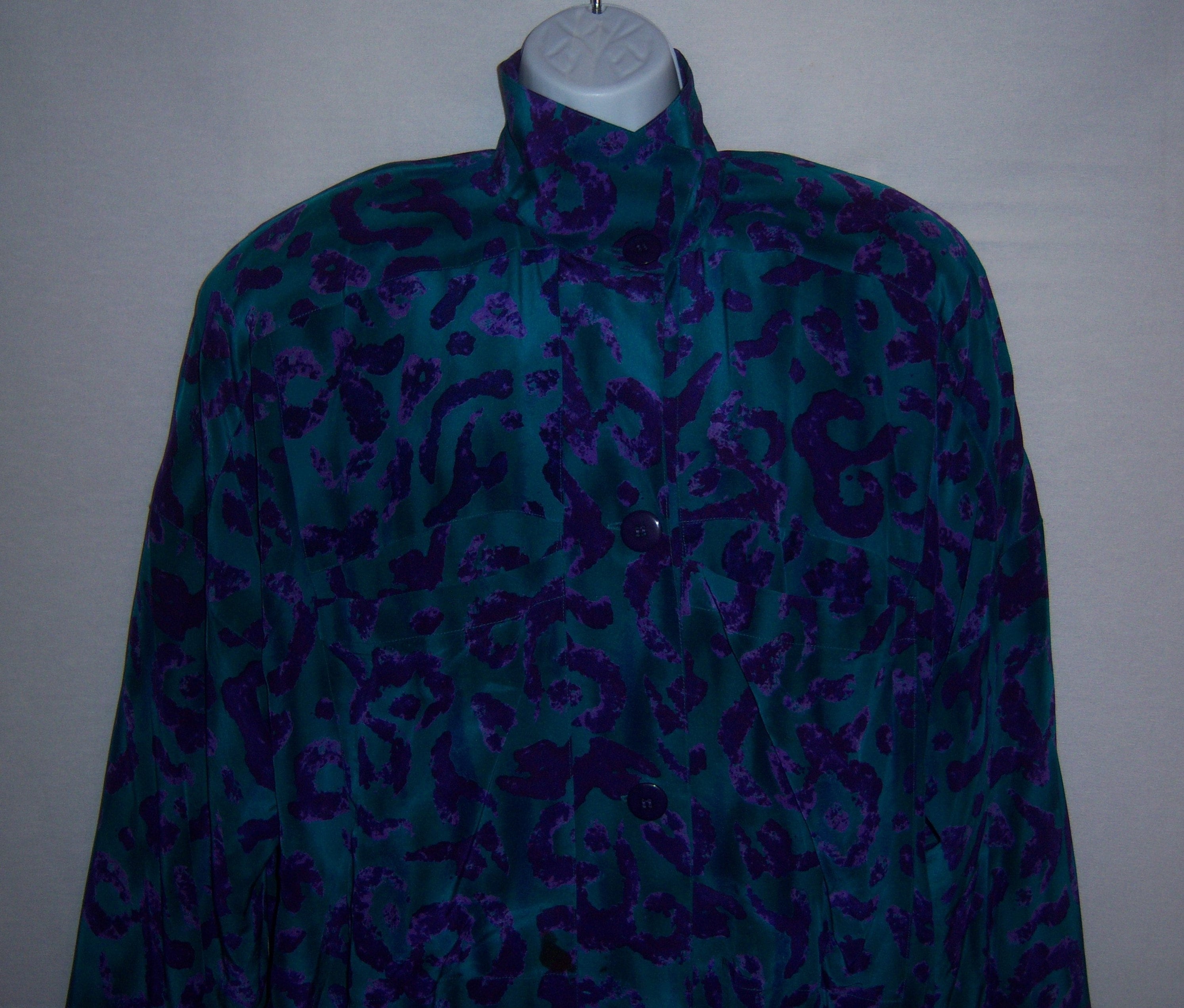 Vintage Linda Allard For Ellen Tracy Emerald Green Grape Purple Silk Leopard Oversized Suit Jacket Coat Blazer Small S Miss Jackson's Gift
