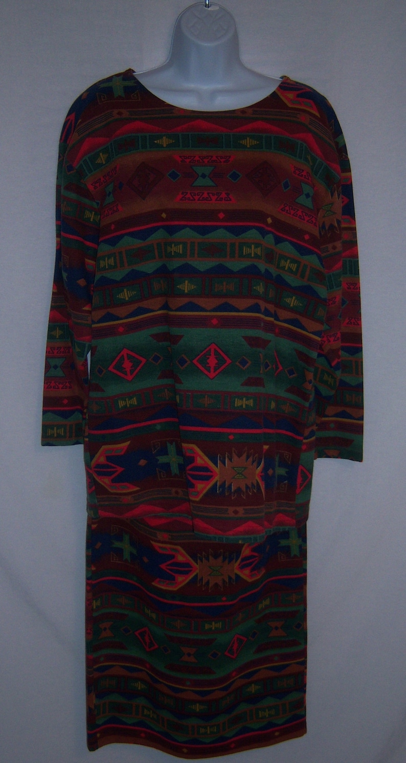 Vintage Margo/'s Red Green Brown Blue Southwest Serape Navajo Pattern Knit Shirt Top Matching Skirt Medium Large Set Outfit