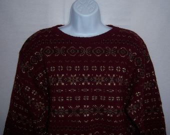 Vintage Polo Ralph Lauren Maroon Burgundy Wine Green Gold Fair Isle Pattern Wool Sweater Hand Knit Jumper Large Blue Label