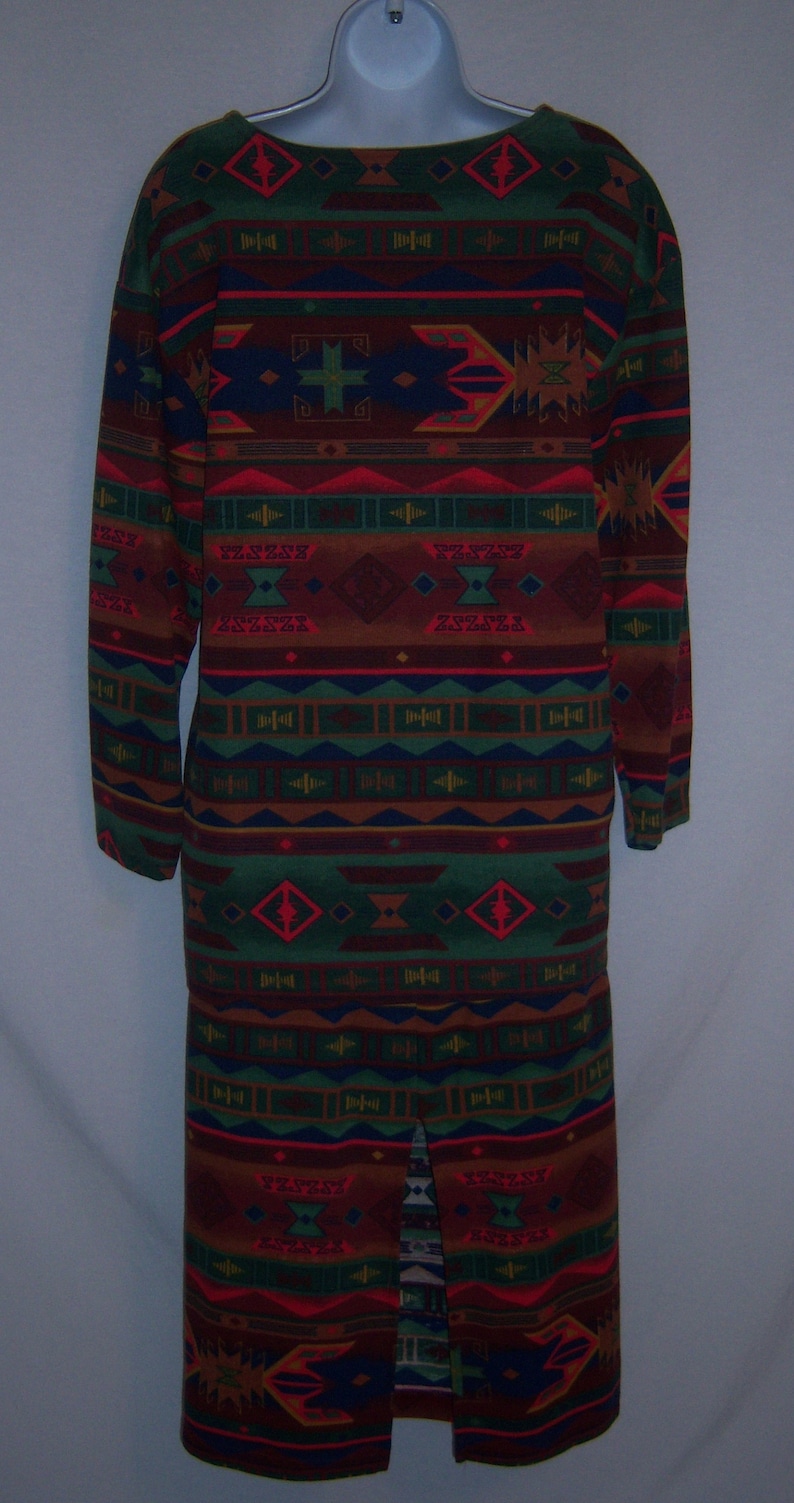 Vintage Margo/'s Red Green Brown Blue Southwest Serape Navajo Pattern Knit Shirt Top Matching Skirt Medium Large Set Outfit