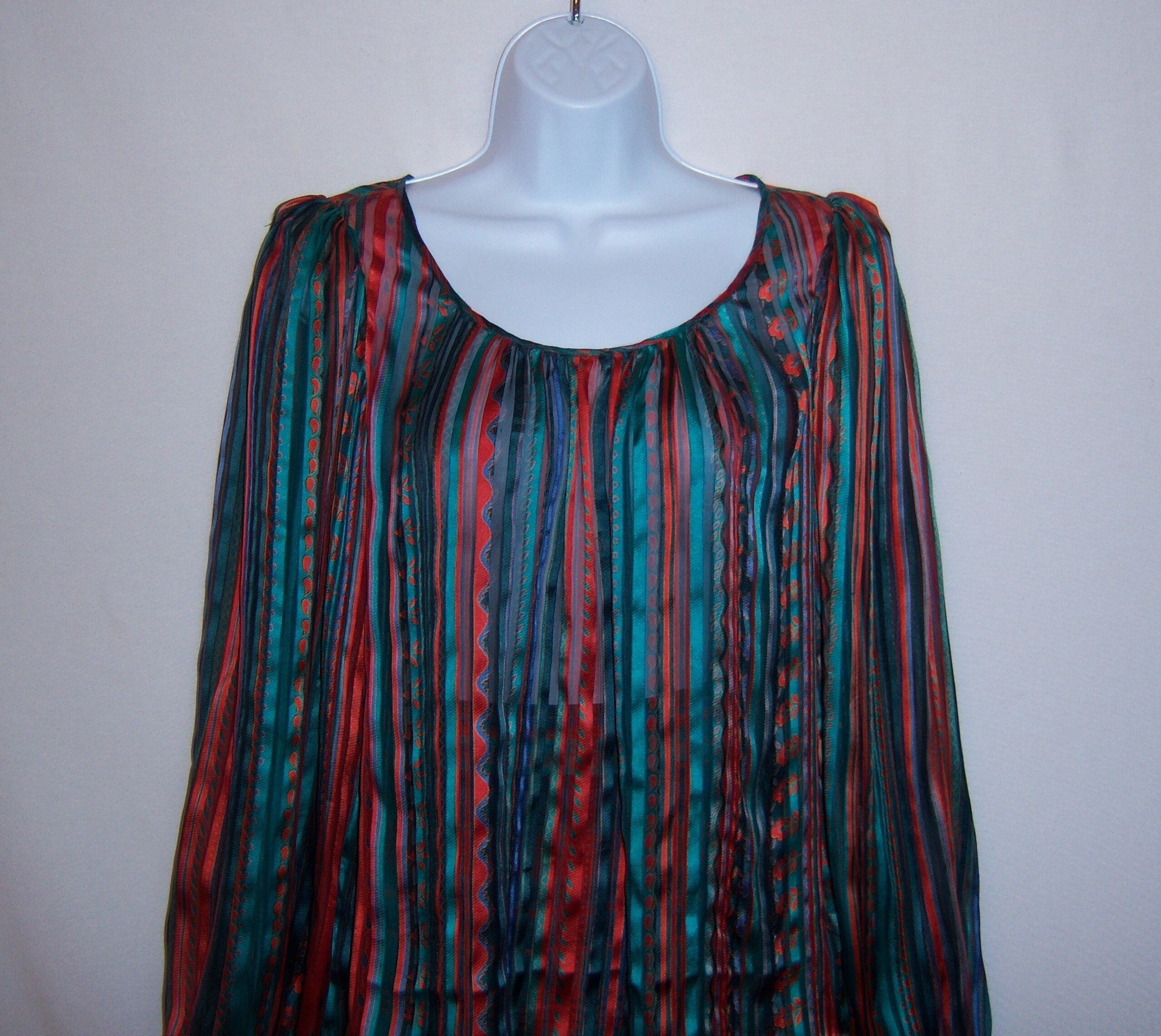 Vintage Oscar De La Renta Miss O Teal Copper Blue Floral Flower Striped Silk Blouse Shirt Matching Skirt 2 Piece Set Outfit 8 10 Medium Gift