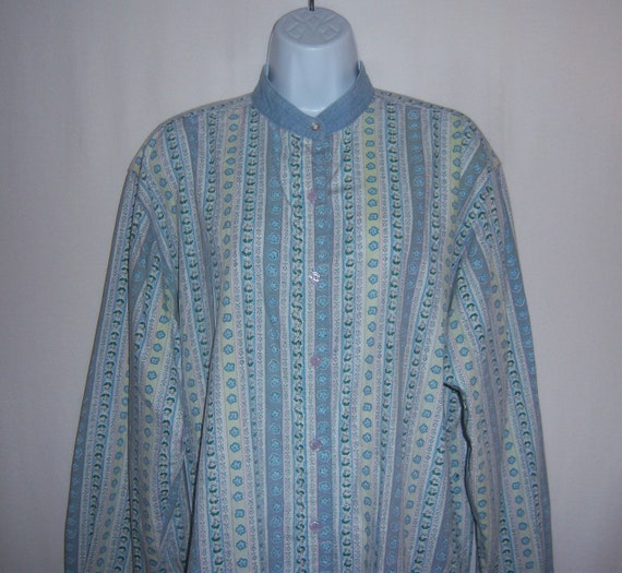 Vintage Ilio Blue Chambray Pink Light Green Flora… - image 1