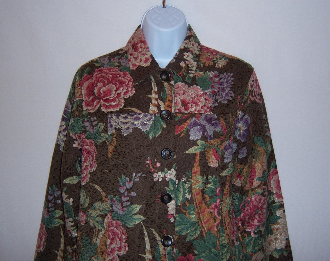 Coldwater Creek 花柄刺繍ジャケット Vintage Coldwater Creek Brown Pink Mauve Asian Oriental Floral