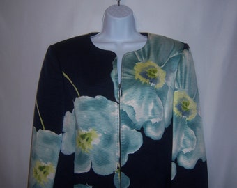 Vintage Linda Allard for Ellen Tracy Navy Blue Light Blue Large Floral Flower Print Silk Suit Jacket 14 Large Blazer