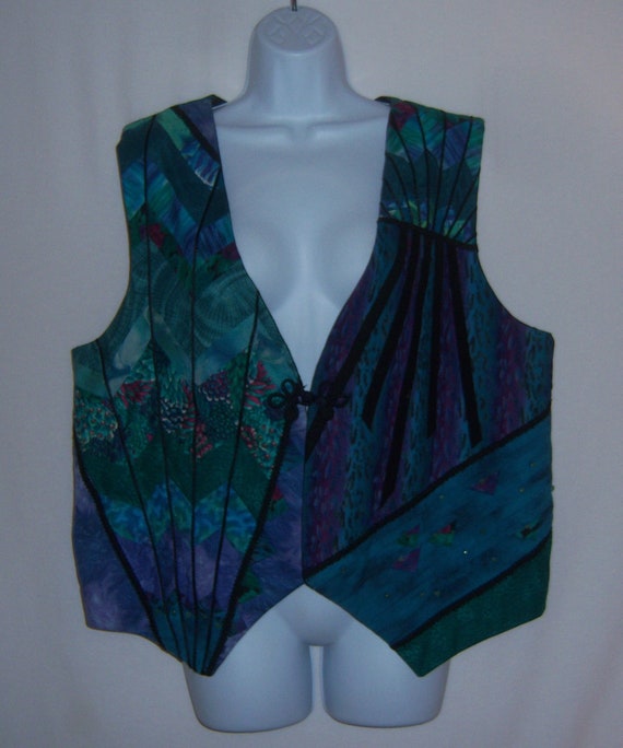 Vintage Green Teal Black Blue Quilted Quilt Vest … - image 2