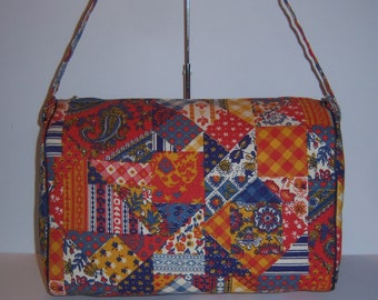 Vintage Blau Orange Patchwork Druck Baumwolle Umhängetasche Schnelle Große Schulter Tragetasche Geldbörse Deadstock Paisley Floral Boho 70er Jahre Prairie Calico