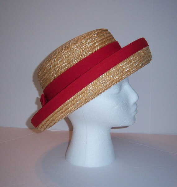 Vintage Red Bow Ribbon Straw Sailor Hat 