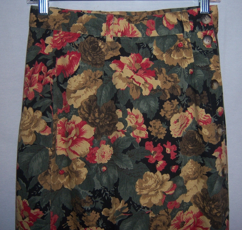 Vintage Bentley Arbuckle Black Green Cranberry Floral Flower Print Denim Maxi Skirt 6 8 Small Fall Autumn Modest