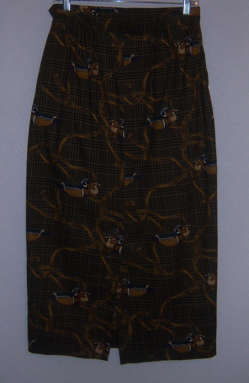 Vintage Alexander Campbell Brown Black Plaid Ducks Water Fowl Print Cotton Maxi Skirt 8 10 Huntin Field Stream