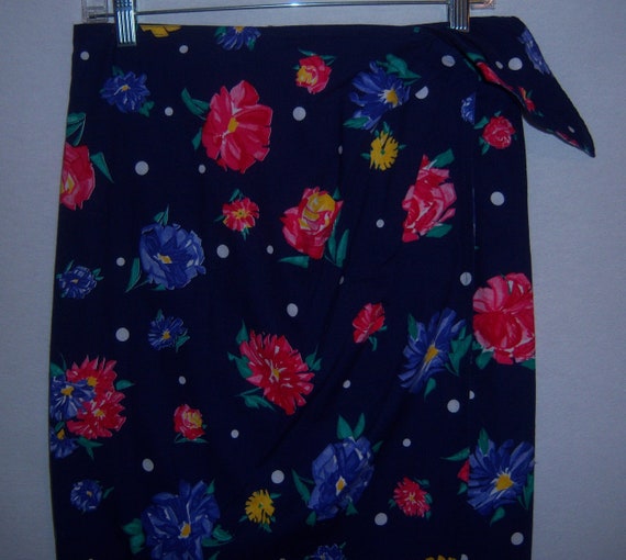 Vintage Navy Blue Red Floral Flower Polka Dot Dots