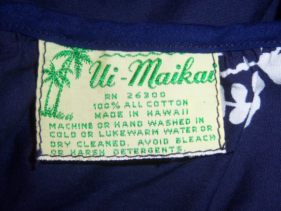 Vintage Ui Maikai Navy Blue White Tropical Flower… - image 4