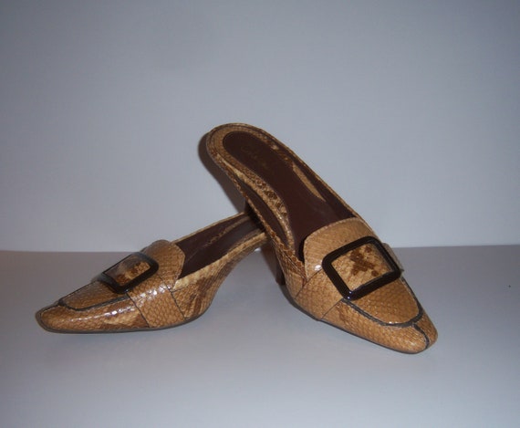 Vintage Cole Haan Camel Black Snakeskin Pointy To… - image 1