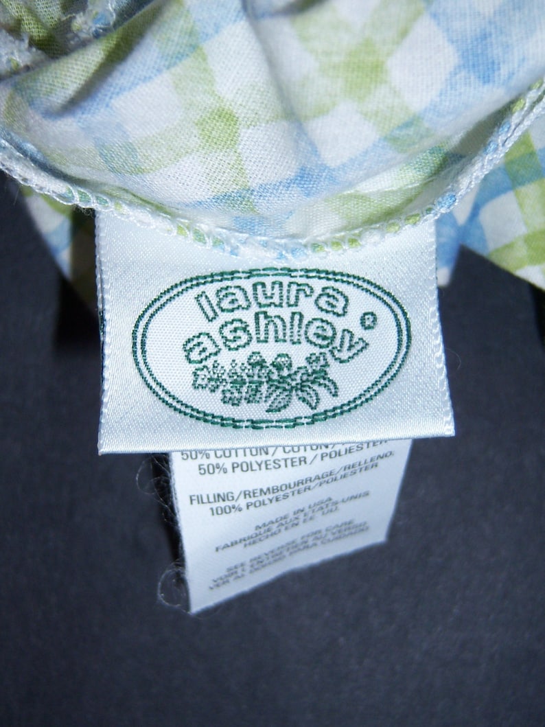 Vintage Laura Ashley Poppy Meadow Lattice Criss Cross Plaid Green Blue Print Pattern Ruffled Throw Pillow