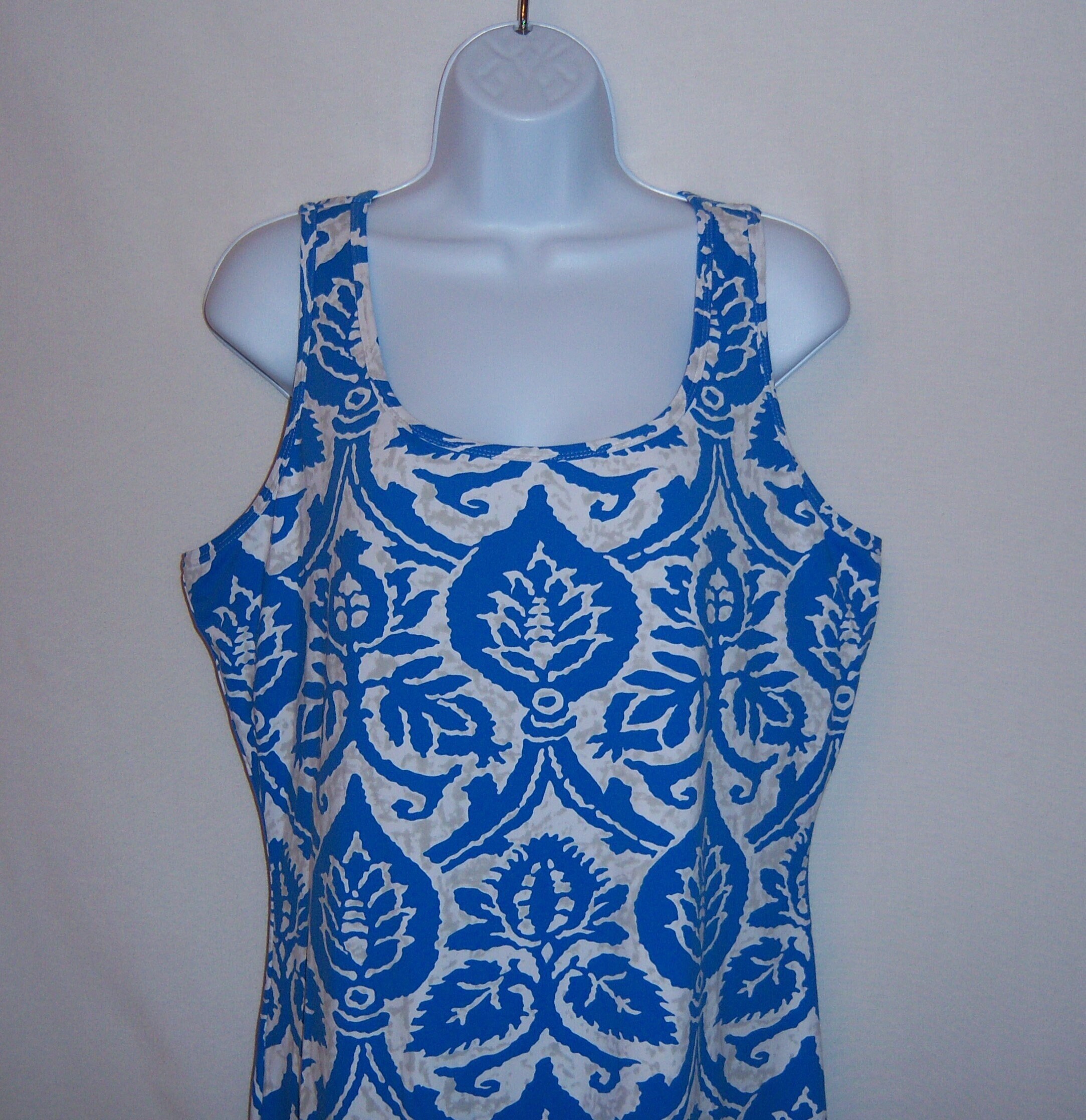 Vintage J. Mclaughlin White Blue Tropical Floral Flower Print Pattern  Stretch Long Maxi Dress Large L Swim 