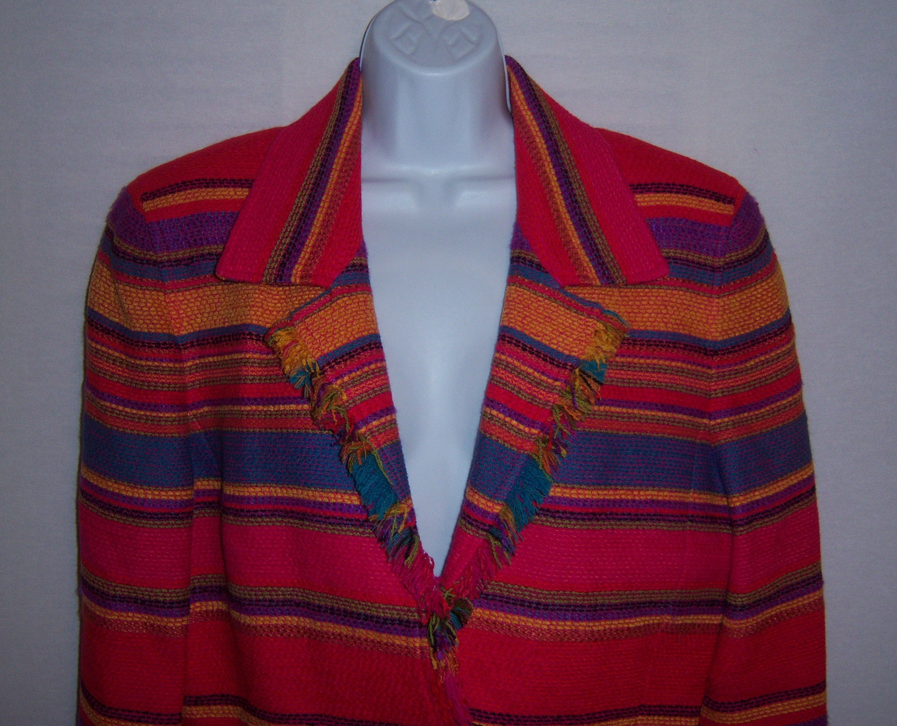 Vintage Emanuel Ungaro Pink Red Blue Purple Southwest Fringed Wool Jacket Coat Blazer 12 46 Medium Striped Stripes