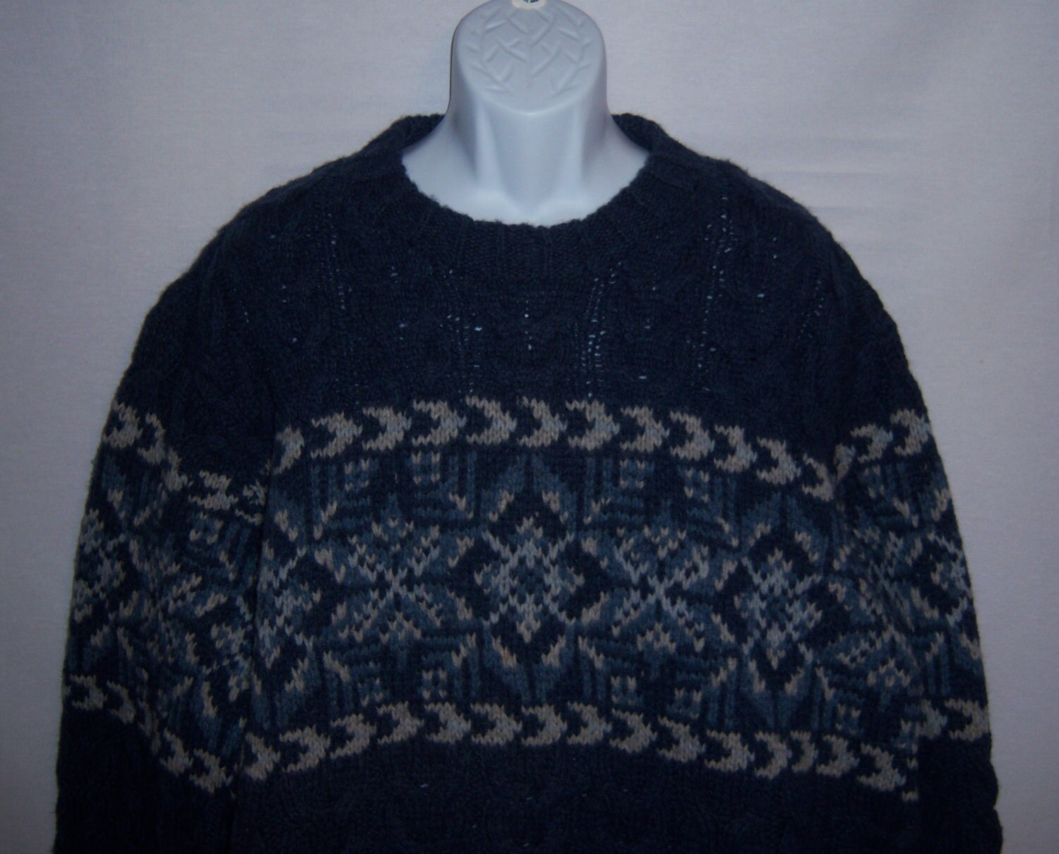 Vintage Lands' End Blue Grey Gray Snowflake Fair Isle Pattern Heavy Weight Wool Mens Sweater Large Xl Extra Ski Winter Gift