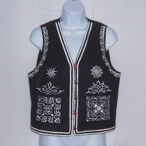 Vintage IBE Black Ecru Scroll Motif Embroidered Silk Vest