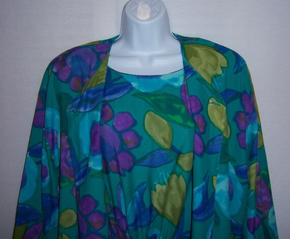 Vintage Donna Morgan 2 Piece Outfit Set Dress and Matching Jacket Turquoise Teal Blue Green Purple Floral Flower Print 8