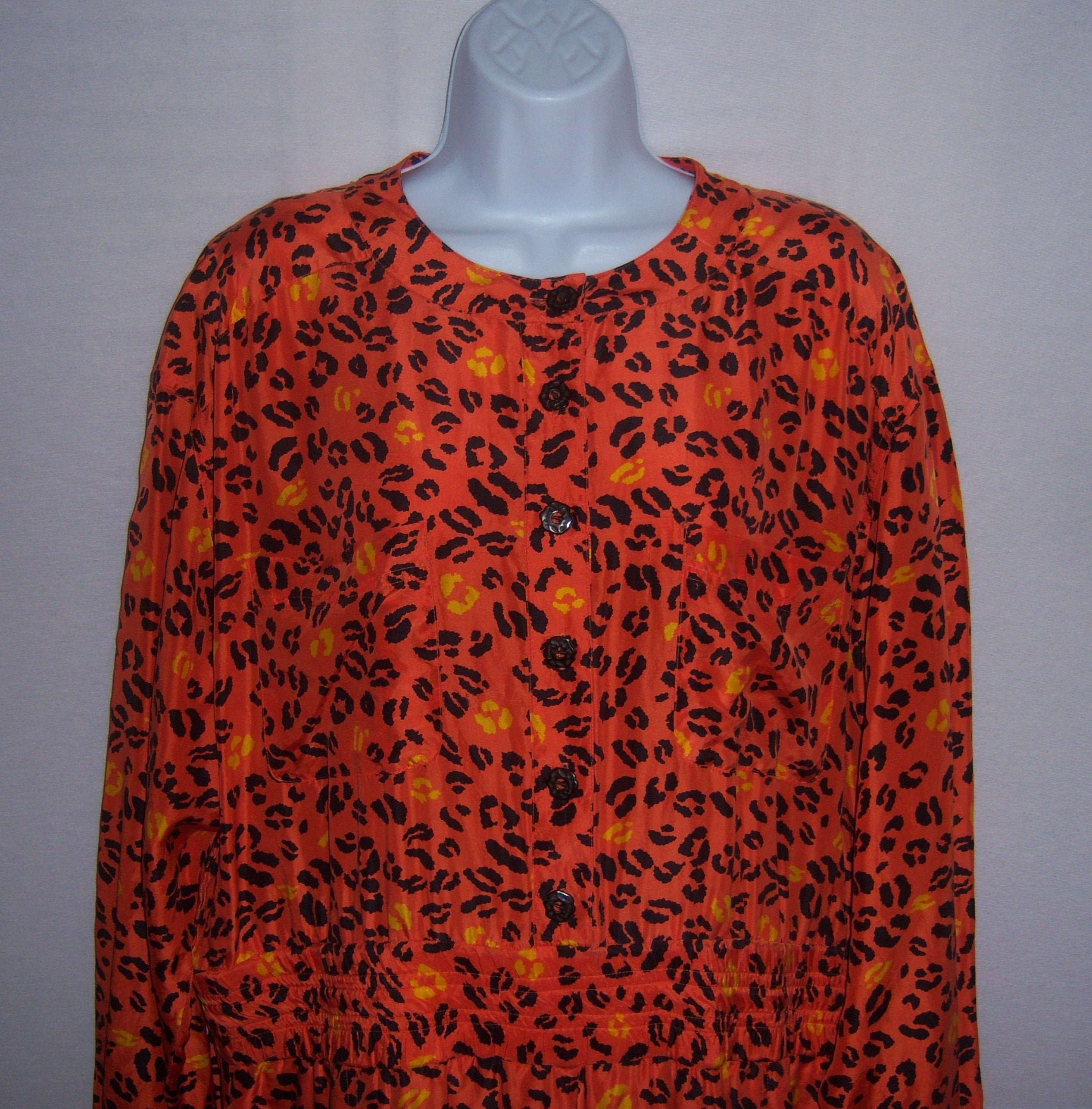 Vintage Saks Fifth Avenue Orange Black Yellow Leopard Cheetah Print Silk Jumpsuit Palazzo Pantsuit Large L Gift