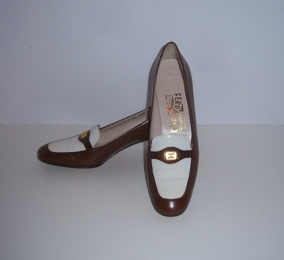 Vintage Salvatore Ferragamo Brown White FF Logo L… - image 1