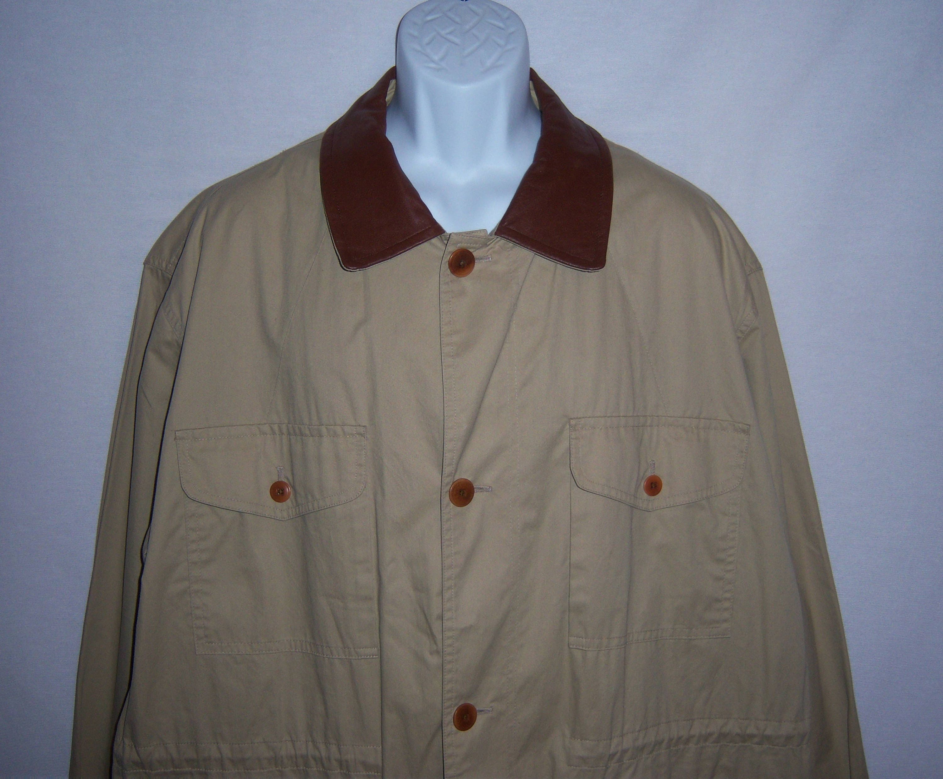 Vintage Brooks Brothers Chore Barn Coat Jacket Khaki Cotton Leather Classic Field Outdoor Large Mens Safari Paddock Gift