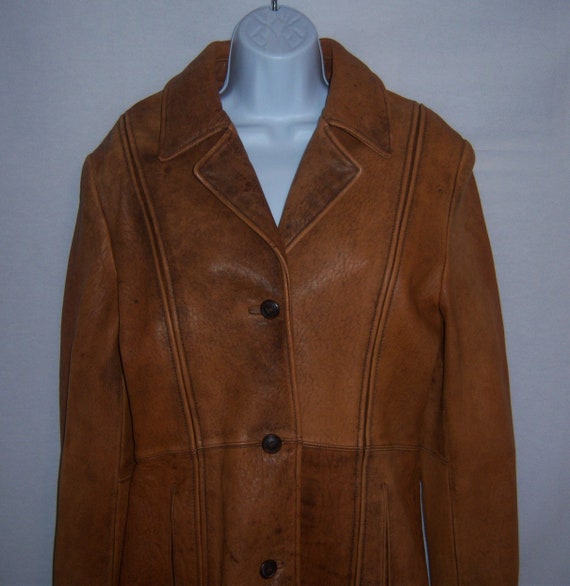 Vintage R D Caramel Brown Tan Heavy Distressed Leather Jacket Coat