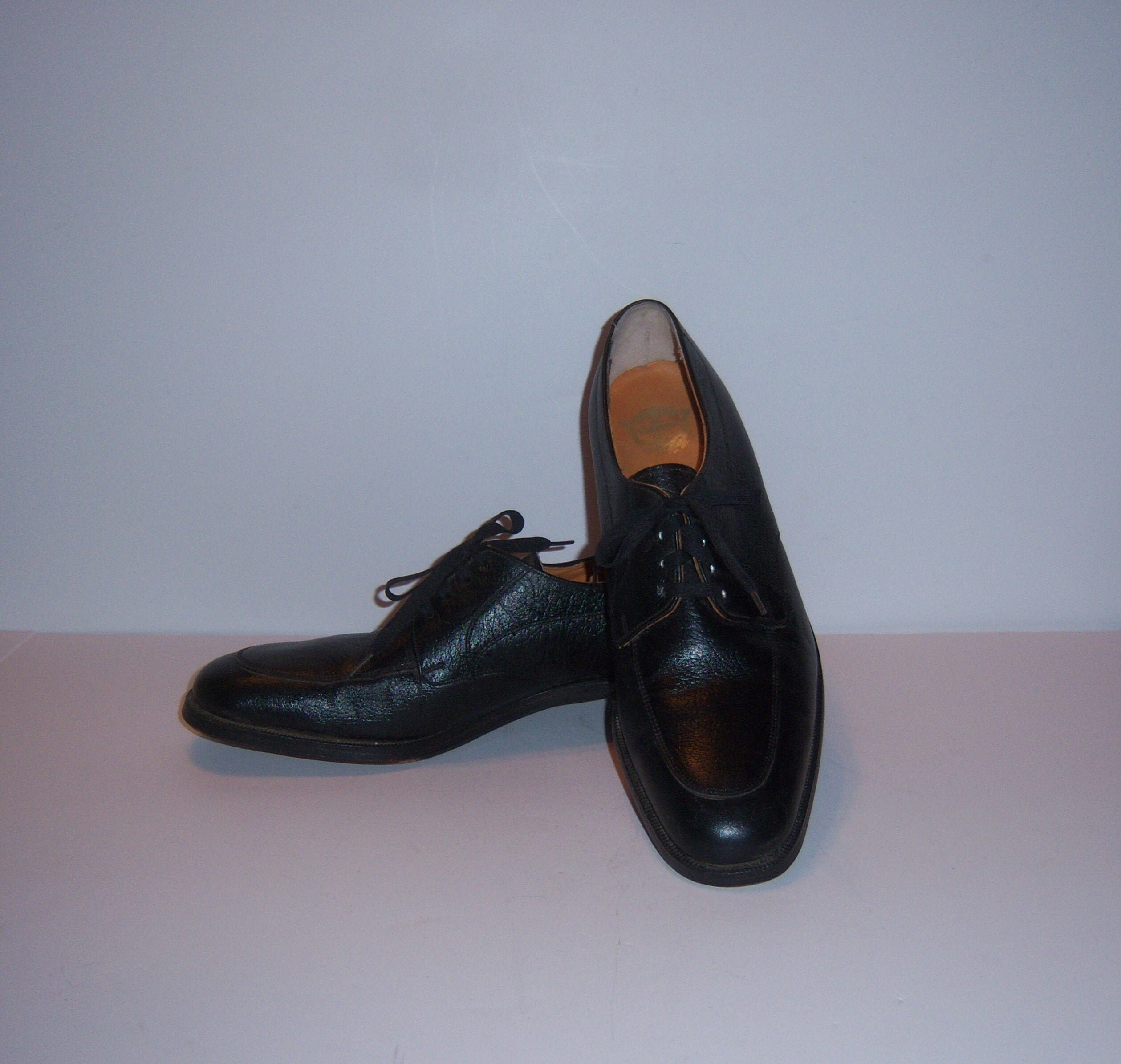 Vintage Florsheim Mens Black Pebbled Leather Lace up Wing 