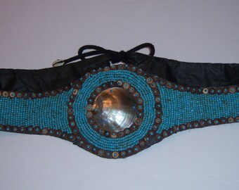 Wood seed Beaded Belt Boho Tribal Western Brown Turquoise Sedona vintage heavy Vintage Seed Bead Cowrie Belt Turquoise Tribal Beaded Belt  main image 2