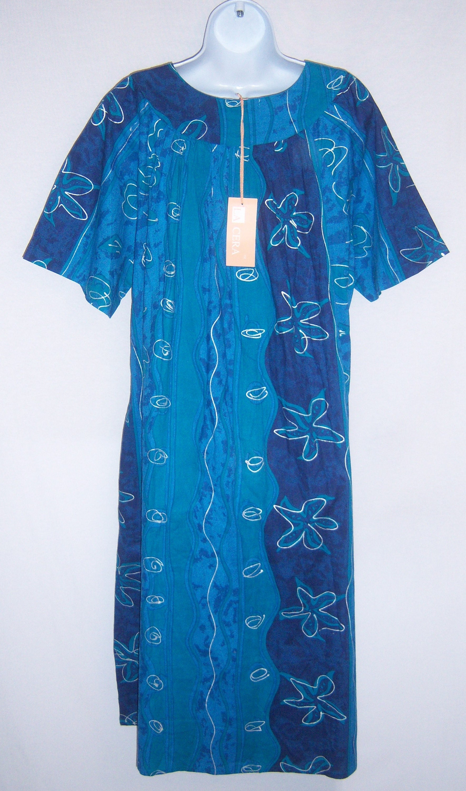 Vintage La Cera Turquoise Blue Navy Blue Seashell Print Caftan Muumuu Dress Large L Deadstock NOS NWT Kaftan Batik Silver Etsy New Zealand