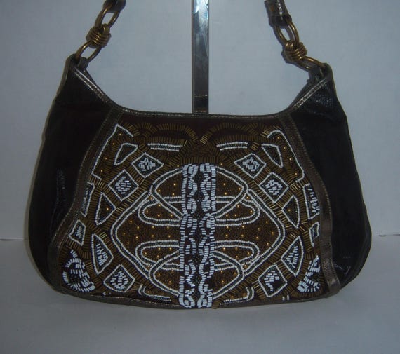 Vintage Isabella Fiore Black Bronze Metallic Leather Bead Beaded