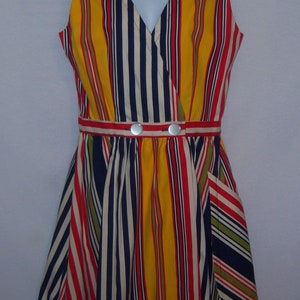 Vintage The Rogue by Michael Casuals Blue Red Yellow Lime Bold Striped Stripes Wrap Day Dress 10 Medium image 2