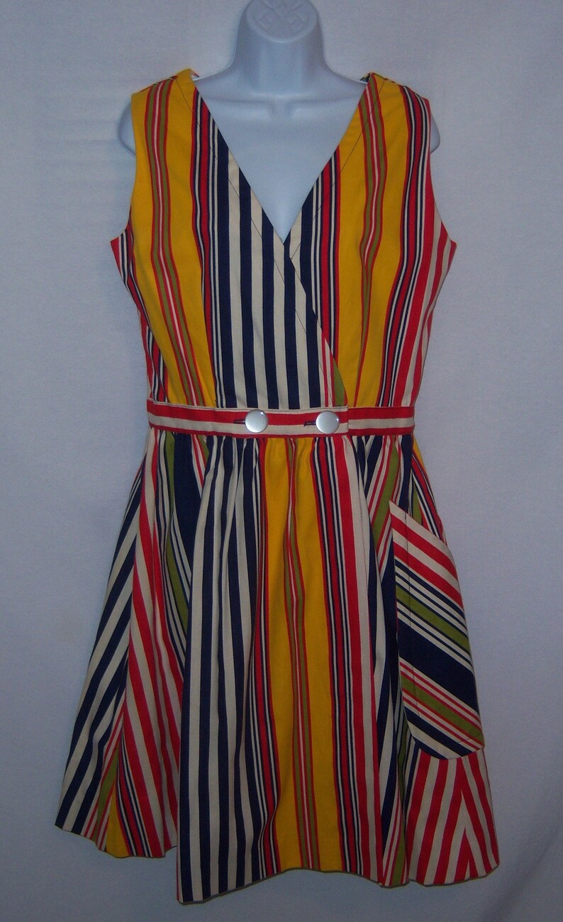 Vintage The Rogue by Michael Casuals Blue Red Yellow Lime Bold Striped Stripes Wrap Day Dress 10 Medium image 2