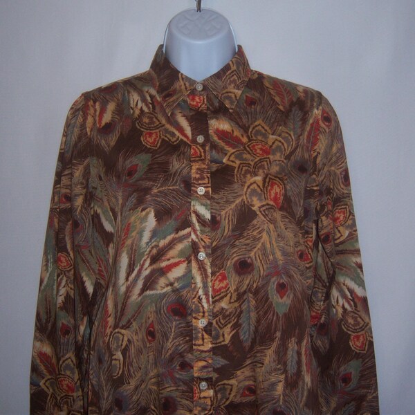 Vintage Lauren Ralph Lauren Brown Red Peacock Feather Feathers Print Blouse Shirt PM Petite Medium Petites Polo Gift