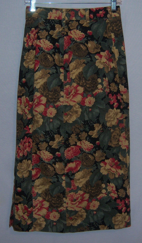 Vintage Bentley Arbuckle Black Green Cranberry Floral Flower Print Denim Maxi Skirt 6 8 Small Fall Autumn Modest