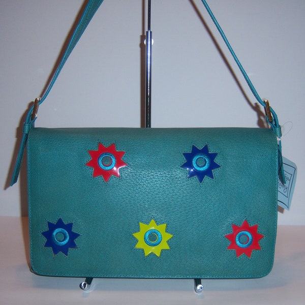 Vintage Cynthia Rowley Turquoise Blue Leather Inlaid Starburst Stars Shoulder Bag Purse Deadstock NOS NWT