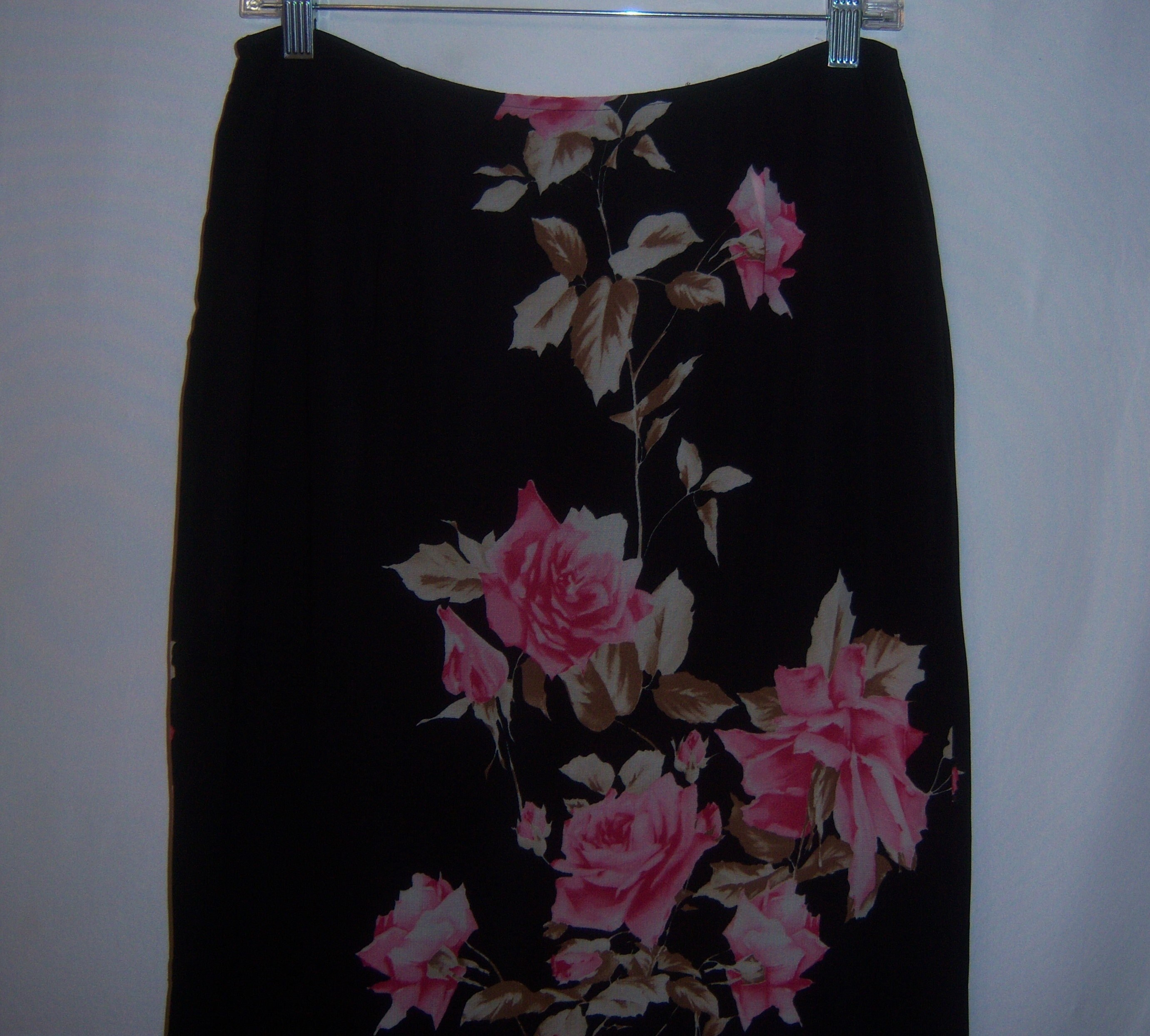Vintage Karen Kane Black Pink Roses Rose Flower Floral Print Maxi 