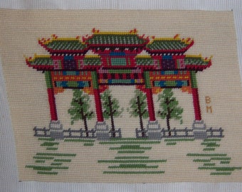 Vintage Needlepoint Finished Chinese Pavillion Ting Red Completed Canvas 12" X 9" Off White Red Green Asian Oriental