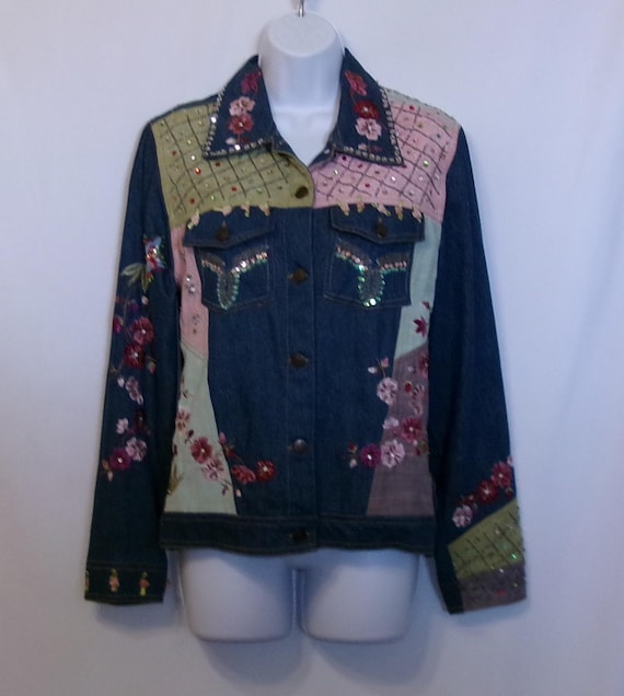 Vintage Carrie Allen Jean Denim Jacket Embroidered Embellished