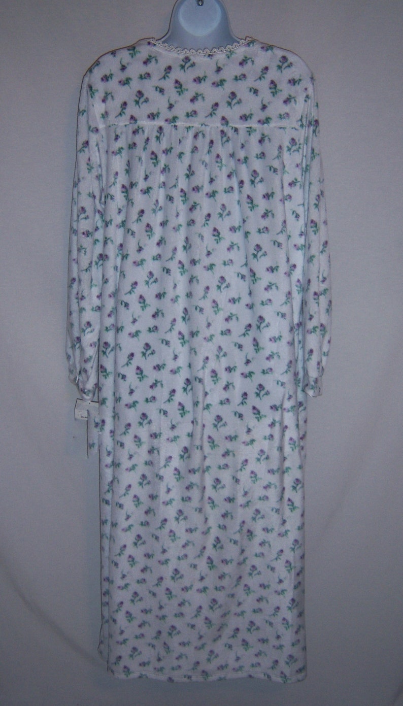 Vintage Lanz of Salzburg Purple Green Rosebud Print Fleece Nightgown Night Gown Large L Deadstock NWT NOS Sleep Victorian Edwardian Style