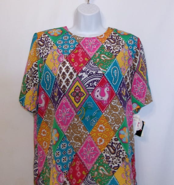 Vintage Notations Blouse Patchwork Print Animals … - image 1