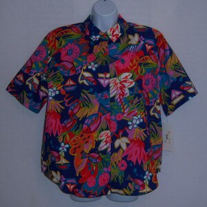 Vintage Traditional Trading Co. Purple Pink Blue Tropical Flowers Floral Fish Print Cotton Shirt Blouse 14 Large Deadstock NOS NWT image 2