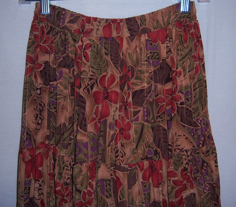 Vintage Kelly Stryker Brown Black Green Rust Floral Flower Gypsy Boho Maxi Broomstick Broom Skirt Small S Prairie Hippie