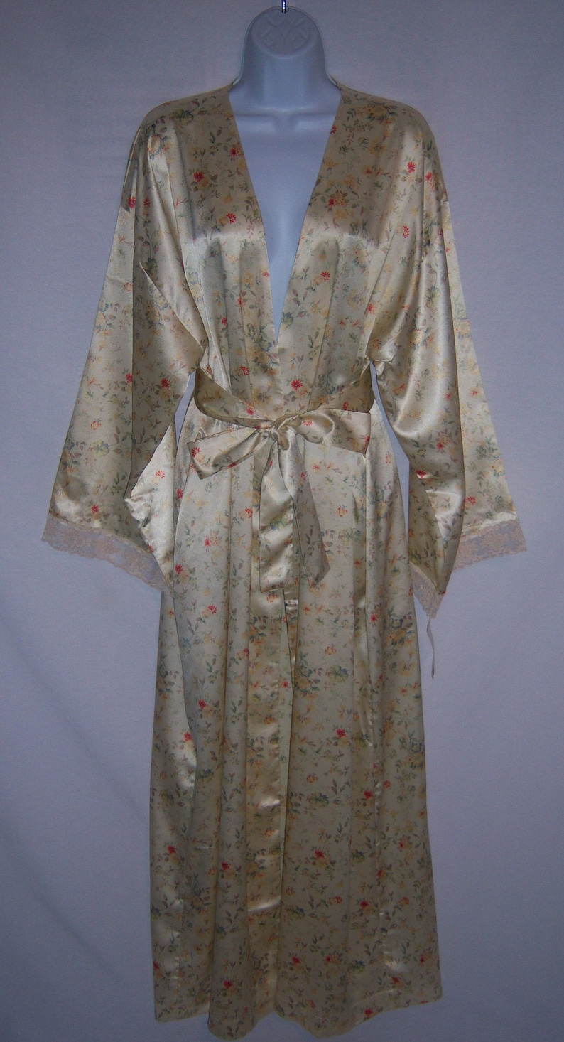 Vintage Valentino Intimo Classic Satin Pale Yellow Red Blue Small Floral Flower Print Robe Large NOS Deadstock NWT Peignoir Dressing Gown