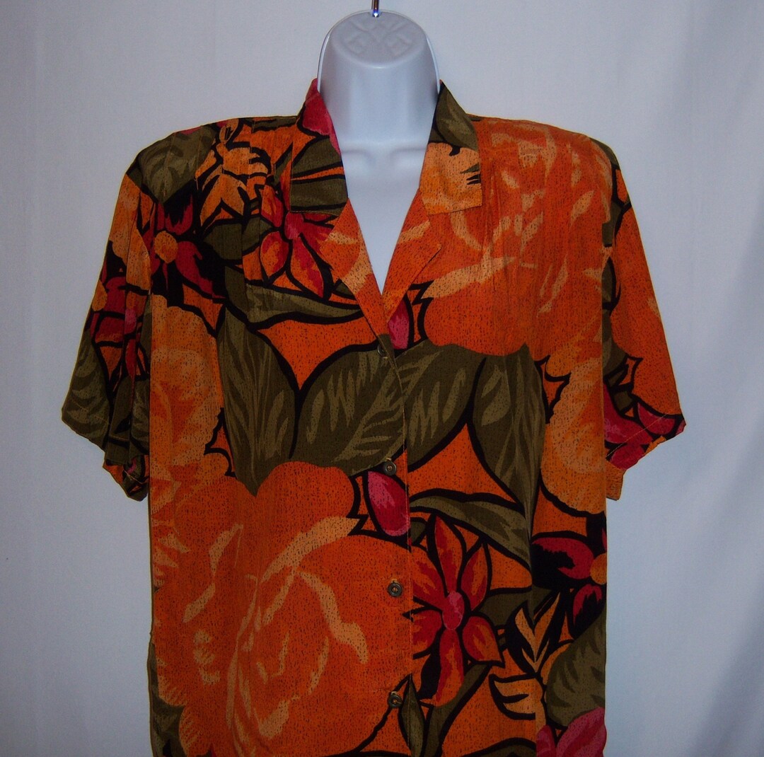トップス Karen Kane flower pattern rayon shirt Vintage Karen Kane Orange Green Tropical Floral Flower Print