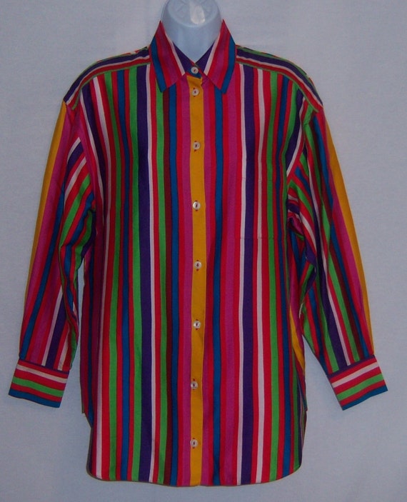 vintage 80s KARL LAGERFELD 総柄　シャツワンピース Vintage KL Karl Lagerfeld Blue Pink Green White Red Purple Striped