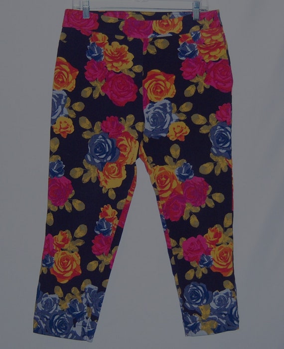 Vintage Soft Surroundings Navy Blue Yellow Hot Pink Roses Rose Floral  Flower Print Stretch Leggings Pants Large L 