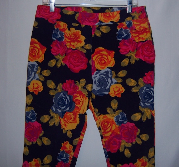 Vintage Soft Surroundings Navy Blue Yellow Hot Pink Roses Rose Floral  Flower Print Stretch Leggings Pants Large L -  Australia