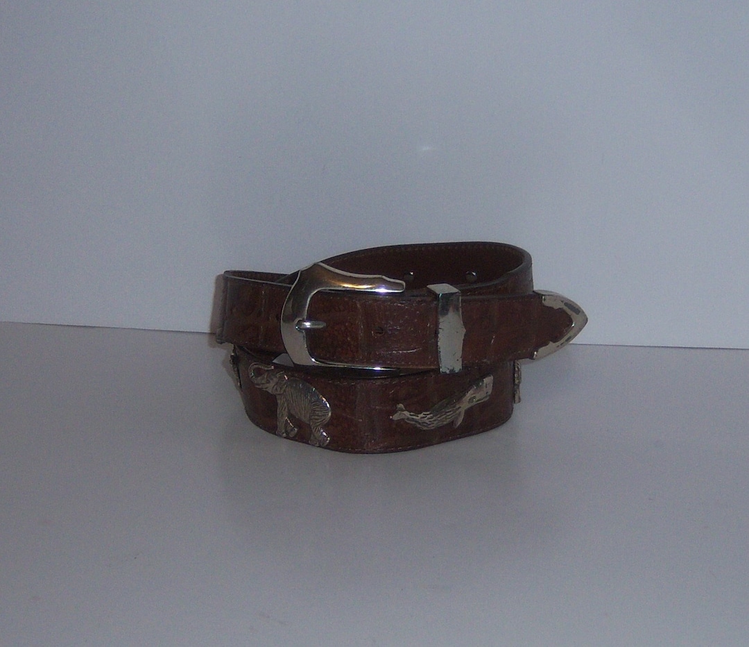 Vintage Honest Brown Moc Croc Leather Animal Charms Jungle Motif